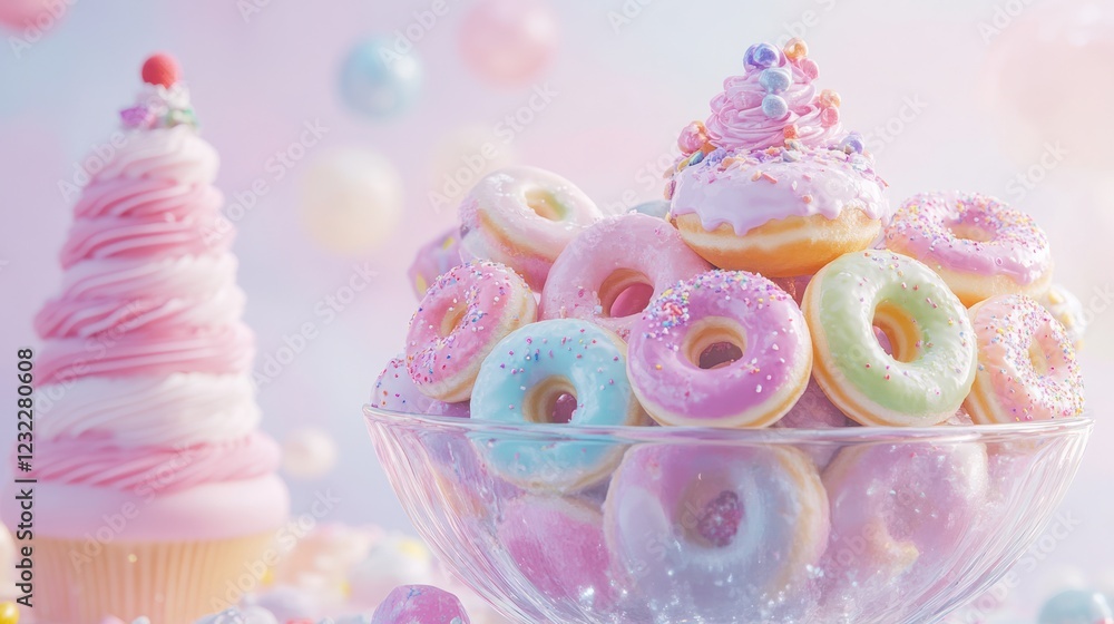 Pastel donuts and cupcake in glass bowl, candy background, sweet treat Pastel donuts and cupcake in glass bowl, candy background, sweet treat