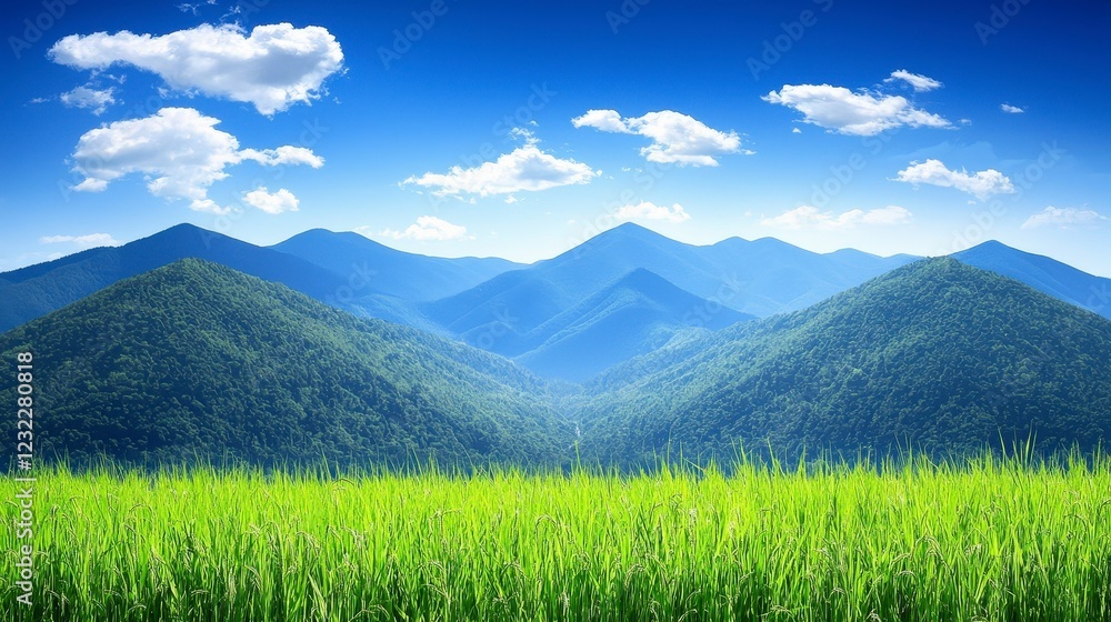 Fototapeta premium Expansive Mountain View with Lush Green Grass Under Blue Sky