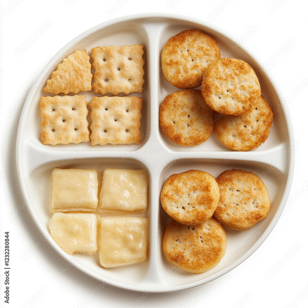 Plate of Toast And Biscuits, Compartment Plate Style, top view, isolated on white, food setting Plate of Toast And Biscuits, Compartment Plate Style, top view, isolated on white, food setting