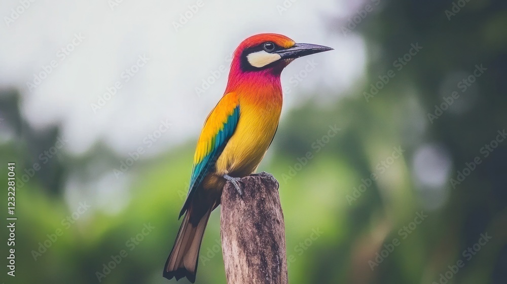 Vibrant Rainbow-Colored Bird Perched on a Wooden Post Vibrant Rainbow-Colored Bird Perched on a Wooden Post