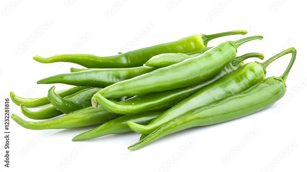 A Bunch of Fresh Green Chili Peppers Isolated on White Background A Bunch of Fresh Green Chili Peppers Isolated on White Background