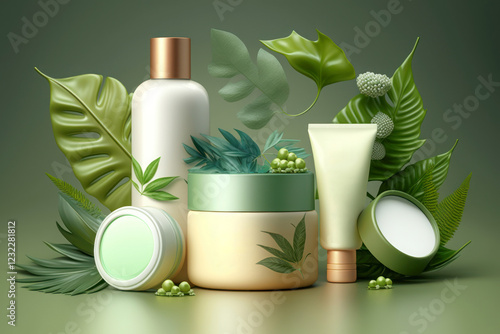 Organic cosmetic products for skin care on a green background. Natural cosmetics background style. Generative AI