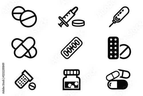 Create a clean, editable line icon set depicting various aspects of the pharmaceutical industry, including pills, capsules, medical research, and manufacturing processes.