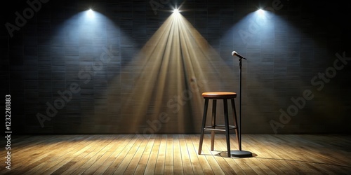 Empty stand-up comedy stage with a single spotlight shining down on the bare floor and a bar stool sitting center-stage, spotlight shine, microphone