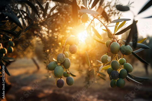 Olive tree with green ripe olives in an olive garden during sunset. Generative AI