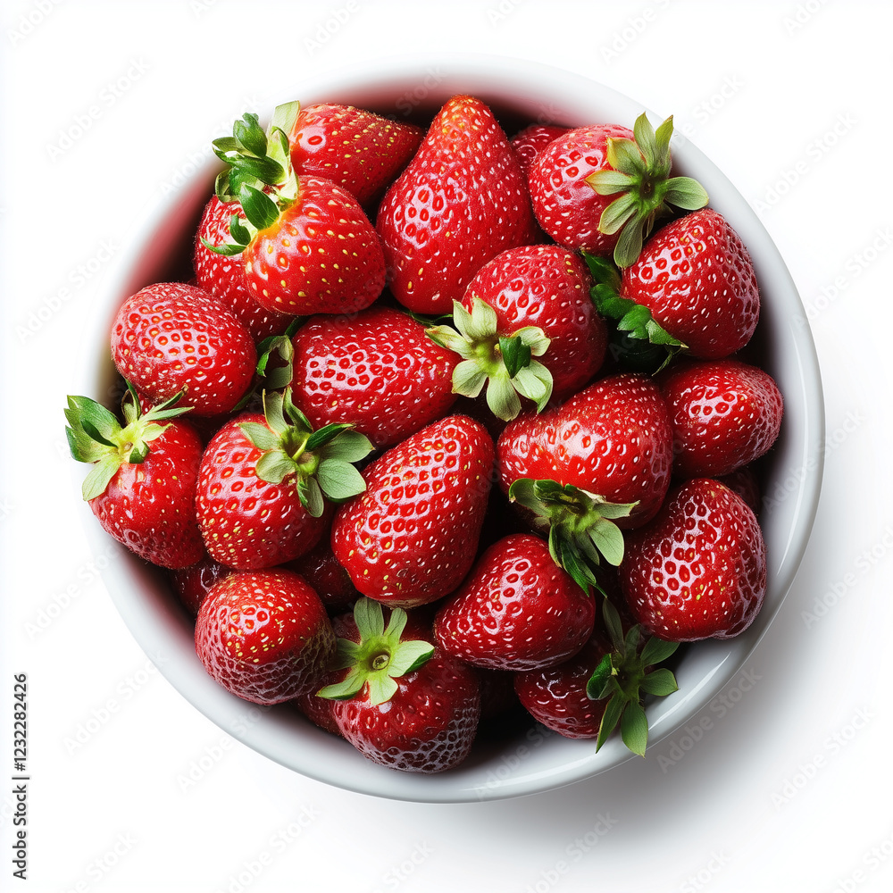 Pot of Strawberries, Fondue Pot Style, top view, isolated on white, food setting Pot of Strawberries, Fondue Pot Style, top view, isolated on white, food setting