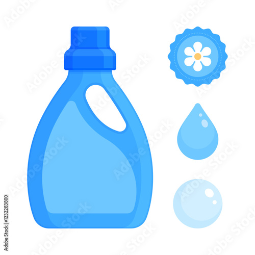 Set of blue soap and fabric softener bottle with water drop, bubble, flower icons. Laundry, cleaning, and hygiene product concept. Flat vector illustration isolated on white background with copy space