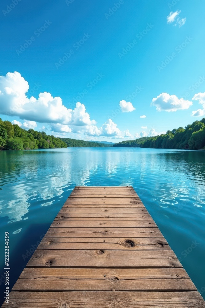 Obraz premium Elevated wooden dock overlooking lake, vibrant blue sky dotted with clouds , natural, outdoor