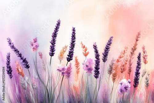 A dreamy watercolor of a field of lavender under a vibrant, multicolored sky, with the plants swaying gently in the breeze