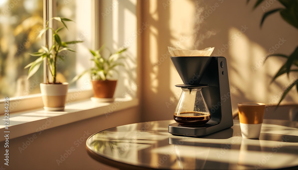 Aesthetic coffee brewing scene in a softly lit room with warm tones, a bushy bamboo plant in a decorative pot, a sleek ceramic pour-over setup on a dark wooden table, and a serene minimalist vibe with Aesthetic coffee brewing scene in a softly lit room with warm tones, a bushy bamboo plant in a decorative pot, a sleek ceramic pour-over setup on a dark wooden table, and a serene minimalist vibe with