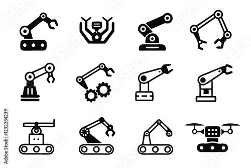 Editable vector icons depicting various robotics industry processes assembly, programming, AI, automation, maintenance, and more.  Clean, modern style.