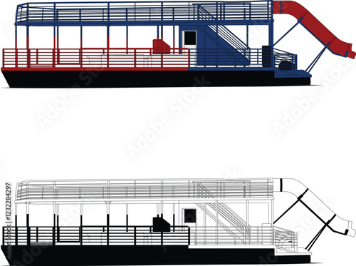 Double-decker pontoon boat vector, line art, illustration