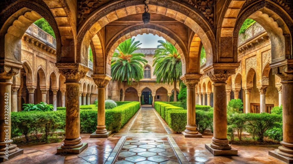 Obraz premium Grand archways and intricate stonework lining a serene courtyard with lush greenery surrounding ancient architecture , architecture, grand archways