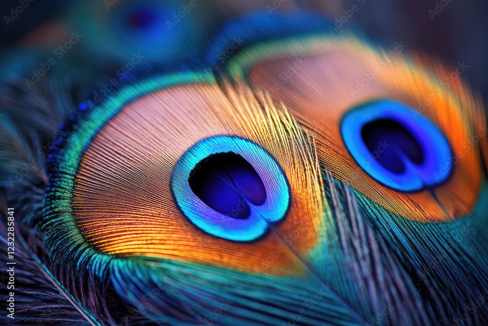 Fototapeta premium Regal peacock feathers with iridescent colors, creating a stunning display of natural beauty and elegance.