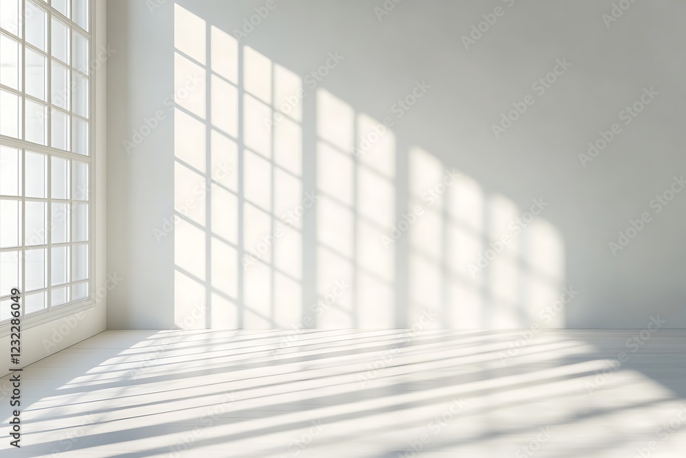 A minimalist photorealistic stock photo background displays natural light illuminating the space, with shadows formed by blurred windows. A minimalist photorealistic stock photo background displays natural light illuminating the space, with shadows formed by blurred windows.