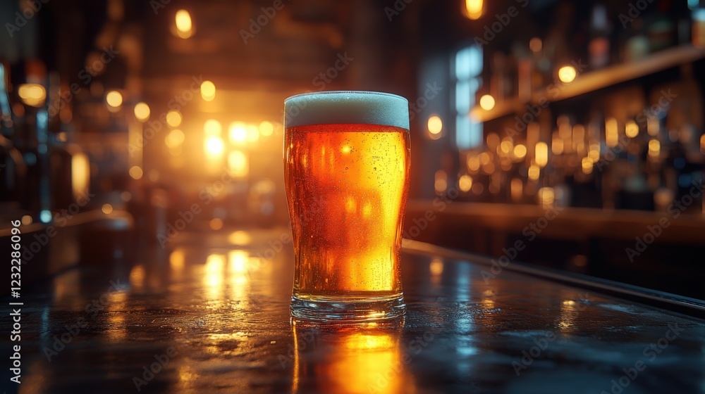 Minimalist setting featuring a glowing pint of golden beer on a wooden bar counter Minimalist setting featuring a glowing pint of golden beer on a wooden bar counter
