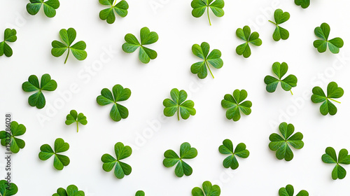 Celebrate St. Patrick's Day with vibrant green clovers arranged artistically on a crisp white background