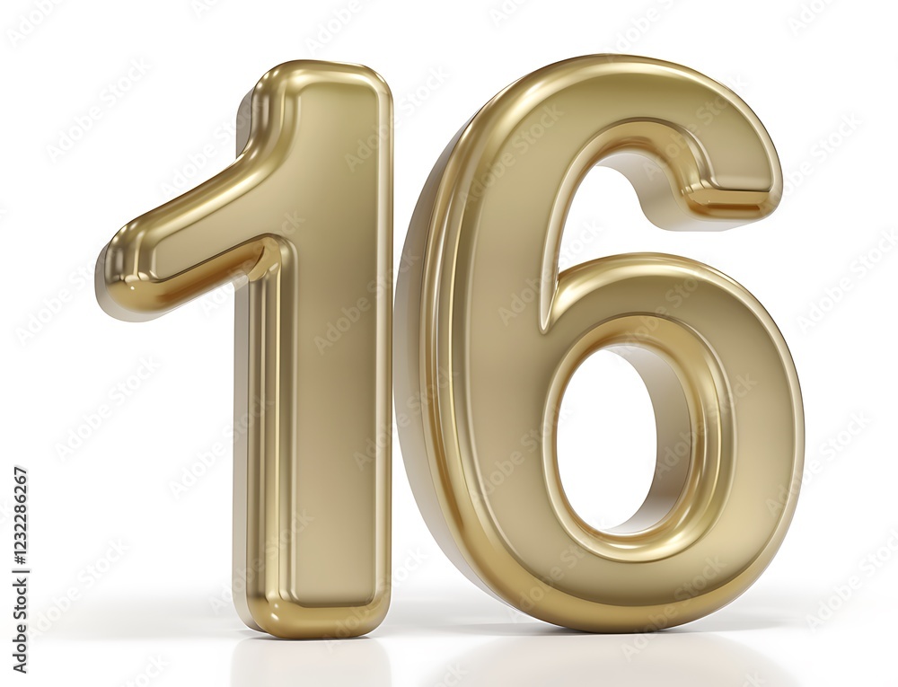 A gold number 16 is on a white background isolated A gold number 16 is on a white background isolated
