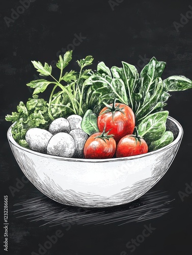 Hand drawn salad isolated on chalkboard background. Sketches healthy food bowl with tomatoes, ollives, greens illustration photo