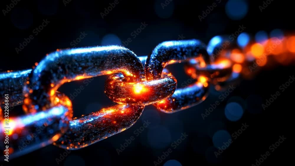 Close up of a metallic chain with glowing orange and blue particles, dark background with bokeh lights. High detail, 3D rendering Close up of a metallic chain with glowing orange and blue particles, dark background with bokeh lights. High detail, 3D rendering