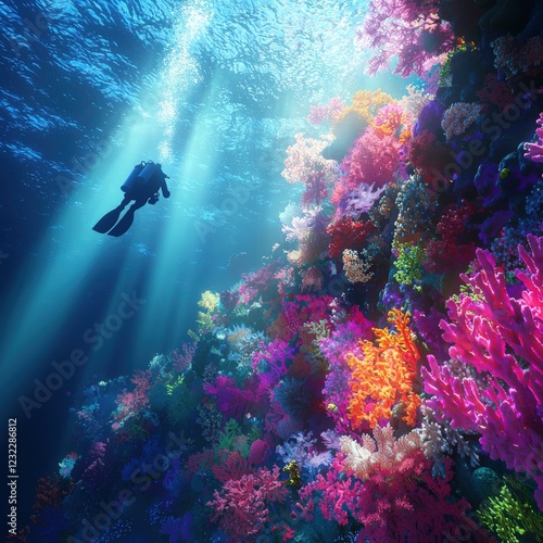 Wallpaper Mural A scuba diver exploring a vibrant coral reef teeming with marine life. Torontodigital.ca