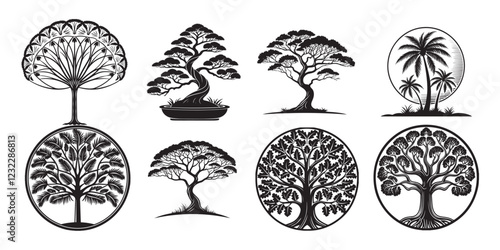 Big collection of tree silhouettes isolated on white background vector illustration