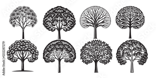 Big collection of tree silhouettes isolated on white background vector illustration