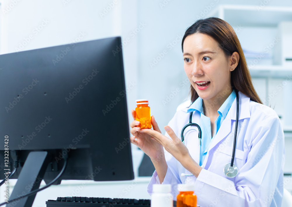 Professional Asian female pharmacist is making an online video call explaining prescriptions and consulting her patient on how to use medicine talking to patient from the doctor's office at Hospital. Professional Asian female pharmacist is making an online video call explaining prescriptions and consulting her patient on how to use medicine talking to patient from the doctor's office at Hospital.