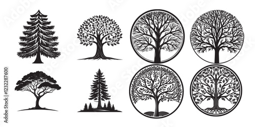 Big collection of tree silhouettes isolated on white background vector illustration
