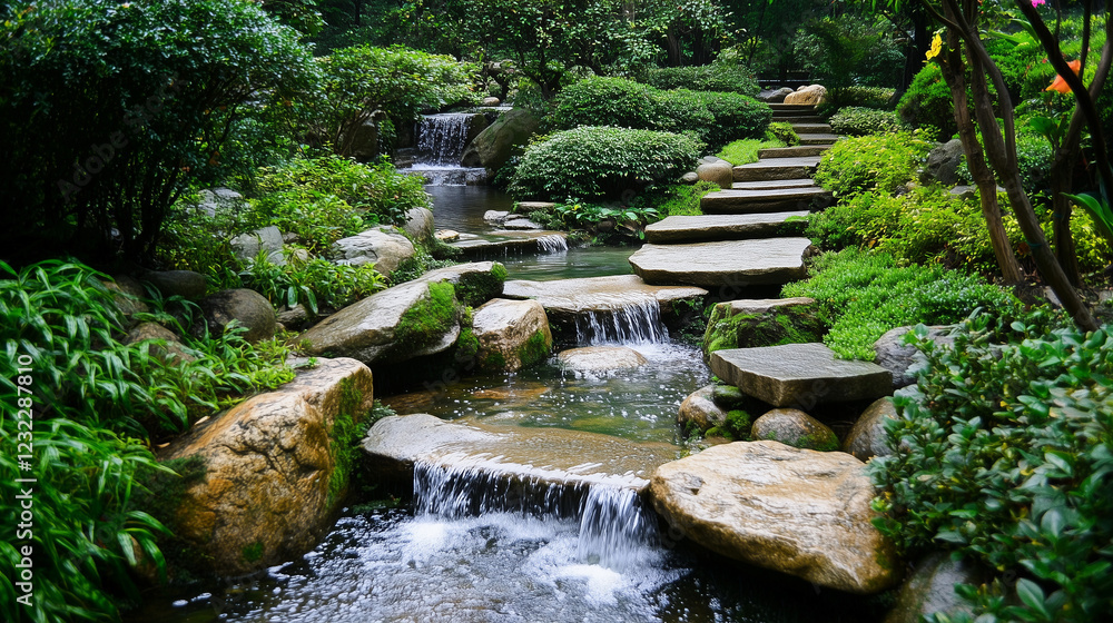 Obraz premium Kamienny ogród z kaskadą wodną