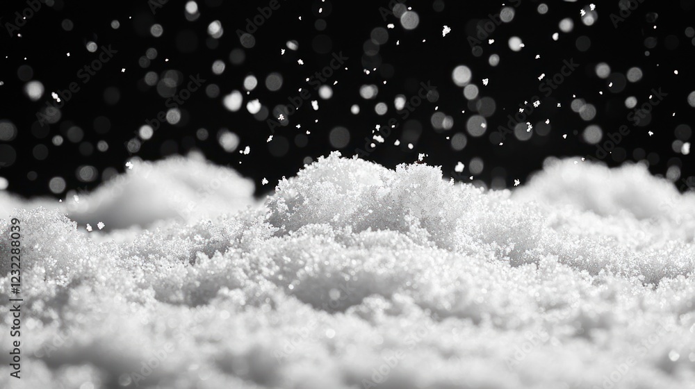 Close-up of white snowflakes falling softly on a dark background, creating a serene atmosphere. Close-up of white snowflakes falling softly on a dark background, creating a serene atmosphere.