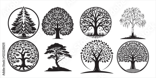 Big collection of tree silhouettes isolated on white background vector illustration