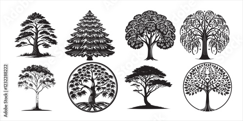 Big collection of tree silhouettes isolated on white background vector illustration