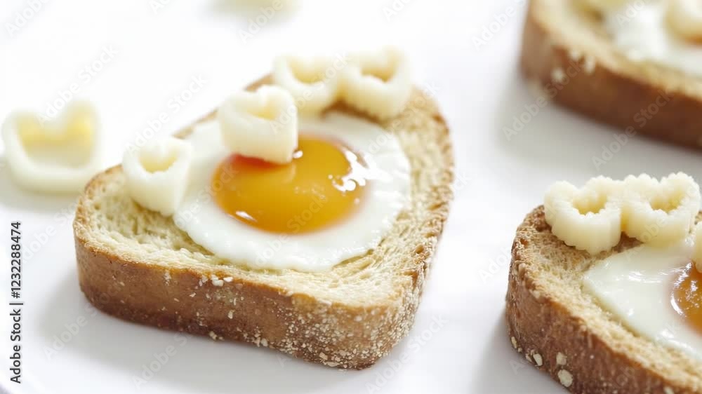Close up shot of three heart shaped pieces of toast, each topped with a fried egg and small heart shaped decorations. The eggs have runny yolks and Close up shot of three heart shaped pieces of toast, each topped with a fried egg and small heart shaped decorations. The eggs have runny yolks and