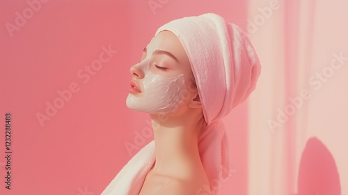 Professional Beauty Salon Portrait of a Young Woman Wearing a Facial Mask – Soft Pink Background