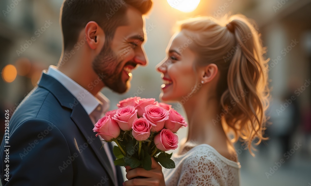 Elegant Couple In Formal Attire Sharing Loving Moment With Pink Roses Elegant Couple In Formal Attire Sharing Loving Moment With Pink Roses