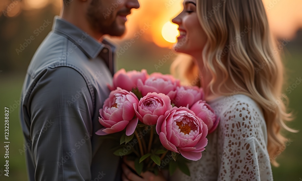 Romantic Couple Sharing Intimate Moment with Pink Peonies in Golden Sunset Field Romantic Couple Sharing Intimate Moment with Pink Peonies in Golden Sunset Field
