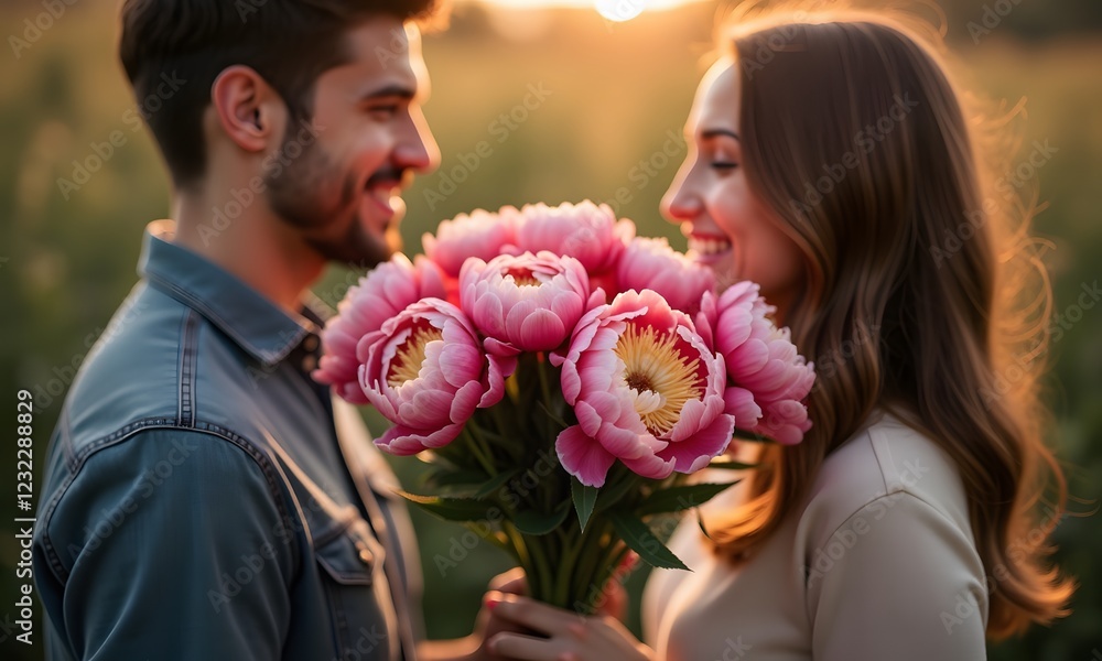 Romantic Couple Sharing Intimate Moment with Pink Peonies in Golden Sunset Field Romantic Couple Sharing Intimate Moment with Pink Peonies in Golden Sunset Field