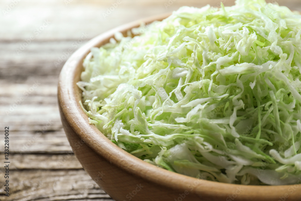 Fresh shredded cabbage on wooden table, closeup Fresh shredded cabbage on wooden table, closeup