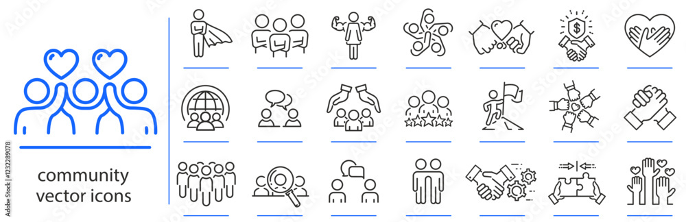 community icons, icon set of success partnership, friendship, relationships simple symbols, linear vector illustration, outline editable stroke community icons, icon set of success partnership, friendship, relationships simple symbols, linear vector illustration, outline editable stroke