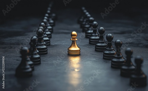 Golden Pawn Leading Black Pawns in Minimalist Business Illustration