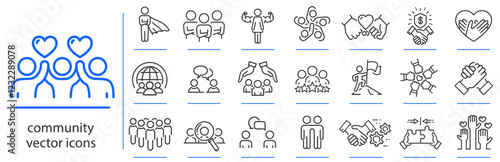 community icons, icon set of success partnership, friendship, relationships simple symbols, linear vector illustration, outline editable stroke