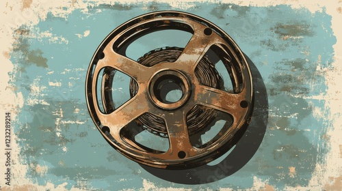Vintage Film Reel With Twisted Film Strip On Rustic Background