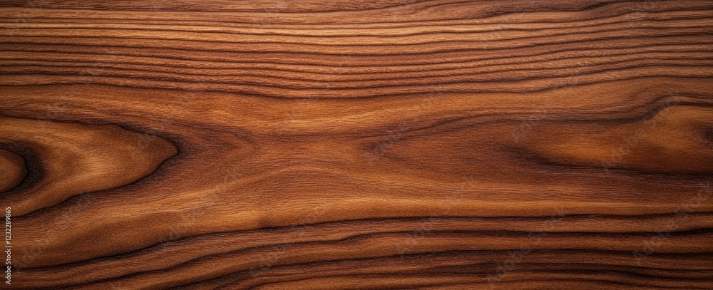 Naklejka premium Polished Walnut Wood Surface with Intricate Grain Patterns and Natural Lighting Texture Background