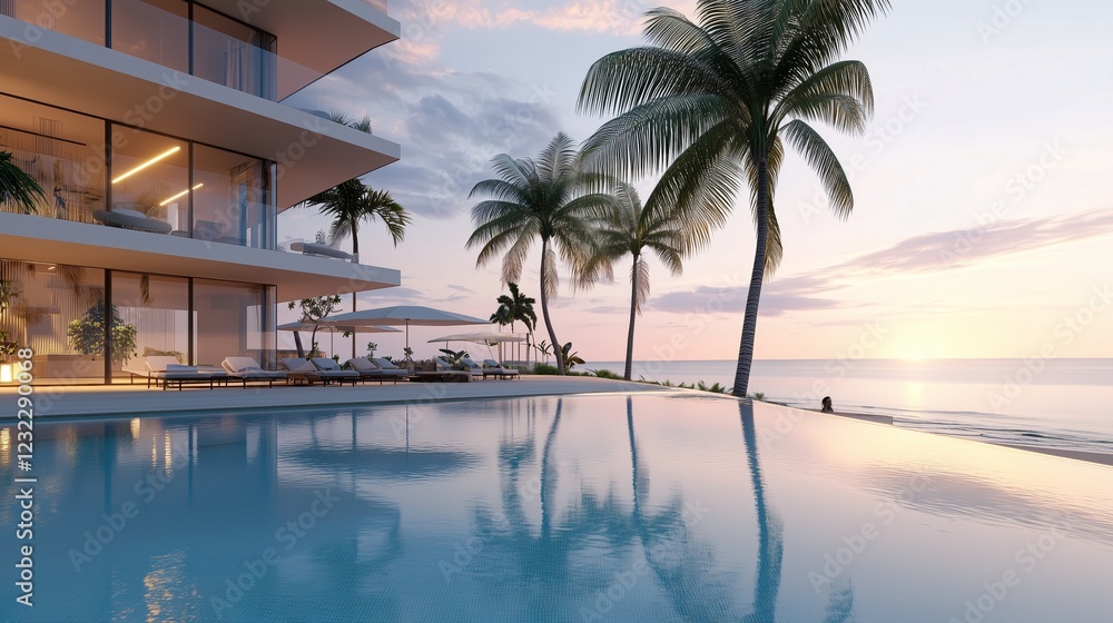 Palm fronds waving near infinity pool, golden sunset reflecting across calm ocean waters, embodying tropical luxury resort relaxation Palm fronds waving near infinity pool, golden sunset reflecting across calm ocean waters, embodying tropical luxury resort relaxation