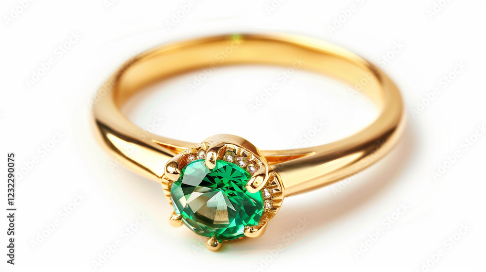 Golden ring with precious green gem isolated on white Golden ring with precious green gem isolated on white