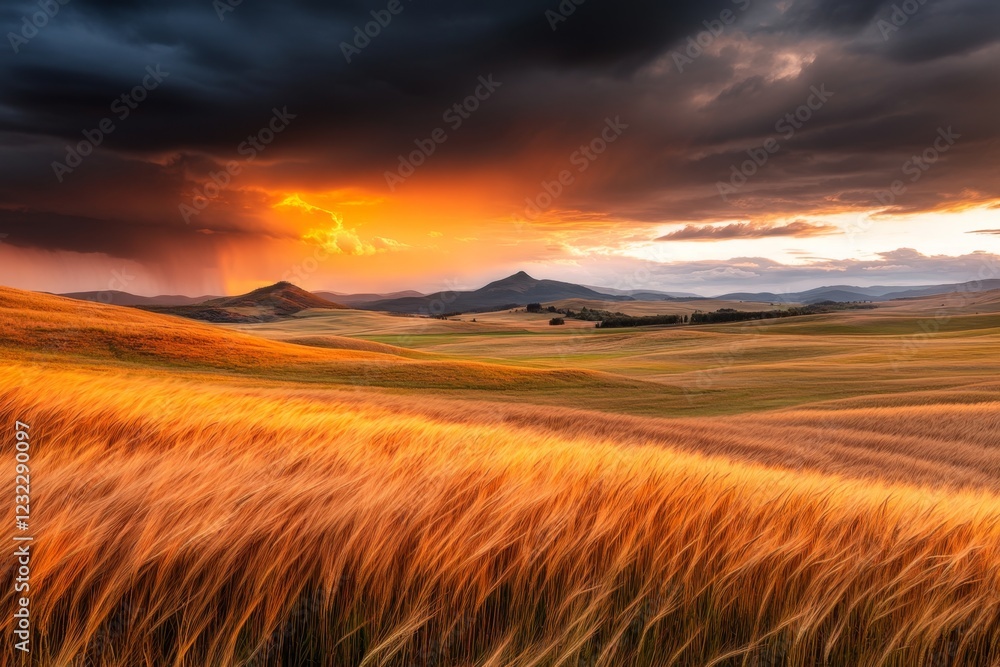 A golden field of wheat swaying in the wind under a dramatic sky filled with thick, glowing clouds A golden field of wheat swaying in the wind under a dramatic sky filled with thick, glowing clouds