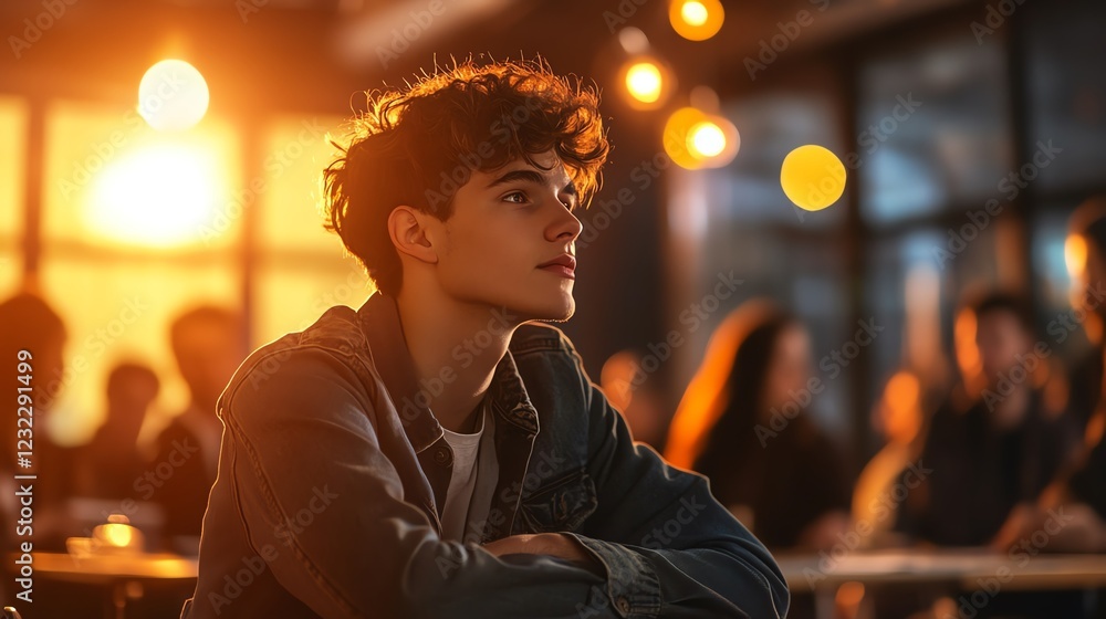 Fototapeta premium A young man sits contemplatively in a warm, illuminated atmosphere, surrounded by a blurred crowd, suggesting a moment of reflection.