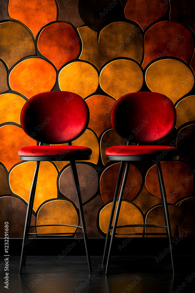 Obraz premium Two Red Velvet Bar Stools Against a Warm Brown Textured Wall
