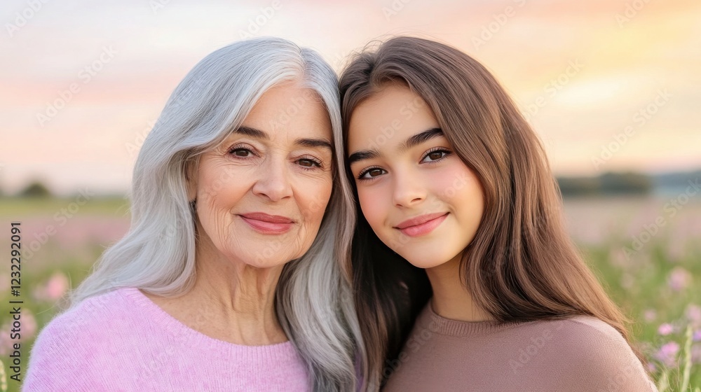 Obraz premium smiling elderly mother and her daughter standing amidst a field of wildflowers